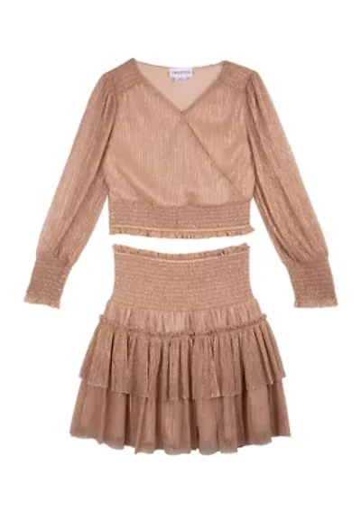 Girls 7-16 Foil Chiffon Smocked Top and Skirt Set