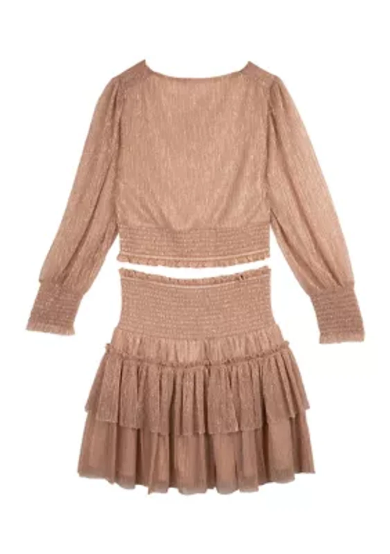 Girls 7-16 Foil Chiffon Smocked Top and Skirt Set