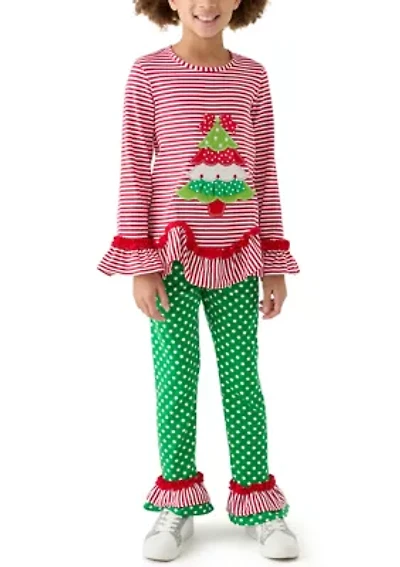 Girls 7-16 Stripe Tree Appliqué Top and Leggings Set