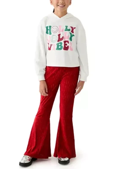 Girls 7-16 2 Piece Graphic Hoodie and Textured Velvet Flare Pants