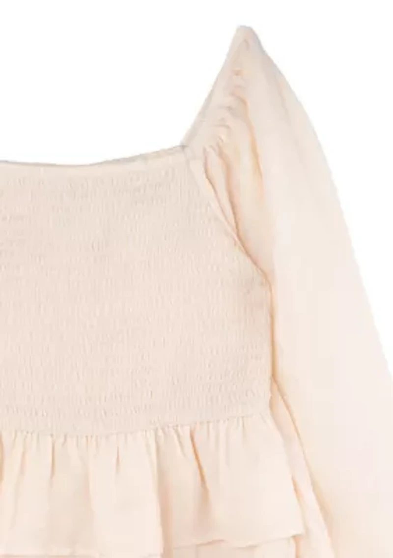 Girls 7-16 Smocked Babydoll Top and Velvet Pants Set