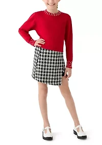 Girls 7-16 Pearl Embellished Sweater and Printed Skort Set