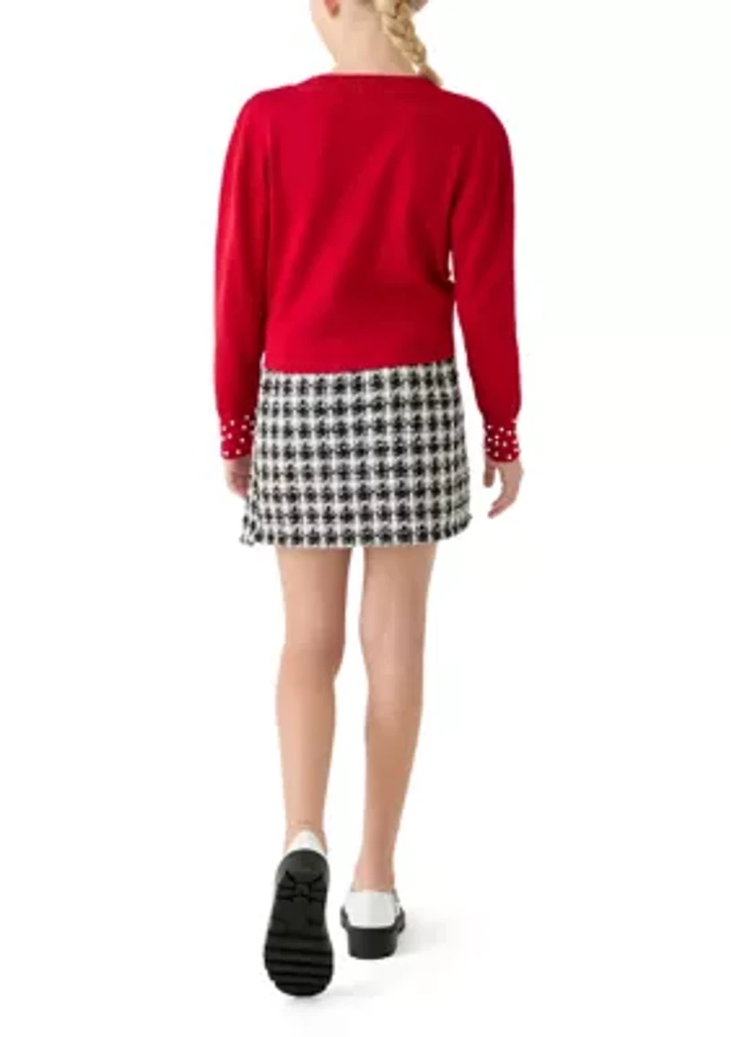 Girls 7-16 Pearl Embellished Sweater and Printed Skort Set