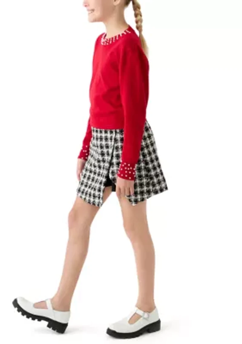 Girls 7-16 Pearl Embellished Sweater and Printed Skort Set