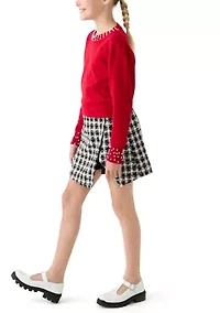 Girls 7-16 Pearl Embellished Sweater and Printed Skort Set