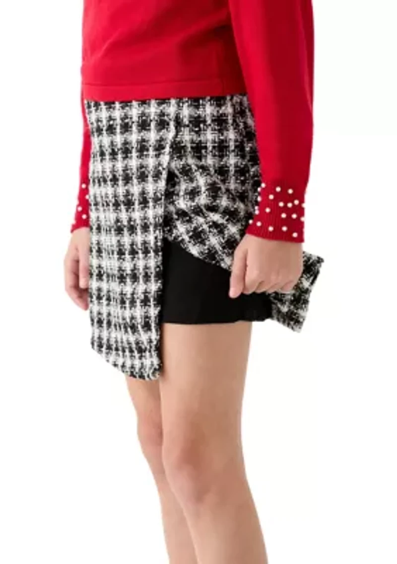 Girls 7-16 Pearl Embellished Sweater and Printed Skort Set