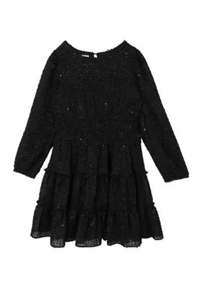 Girls 7-16 Fringe Sequin Clip Dot Smocked Chiffon Dress