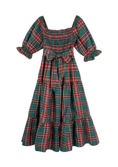 Girls 7-16 Woven Christmas Plaid Printed Smocked Maxi Dress