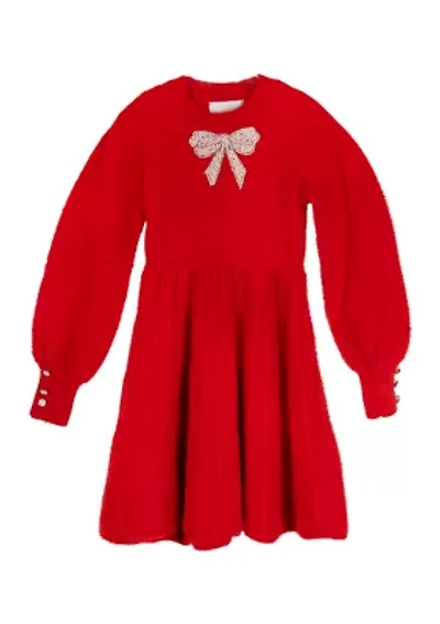 Girls 7-16 Sweater Dress with Pearl Bow Appliqué