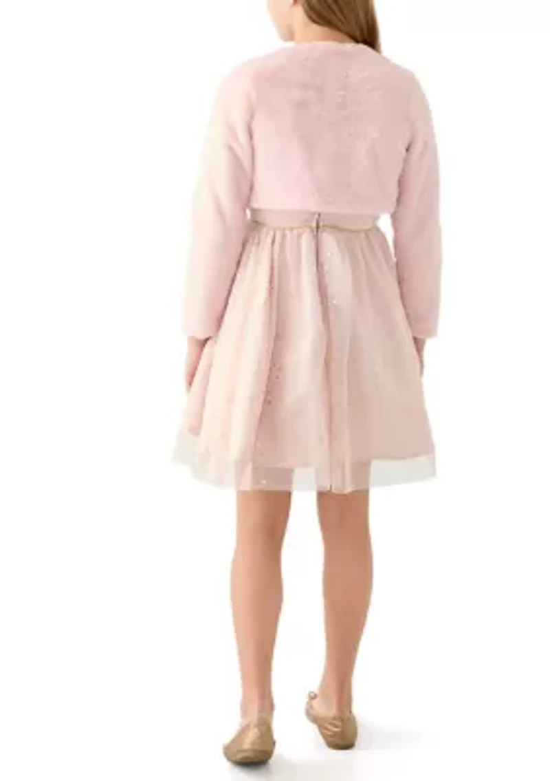 Girls 7-16 Foil Stars Mesh Dress with Fur Jacket