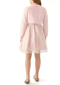 Girls 7-16 Foil Stars Mesh Dress with Fur Jacket