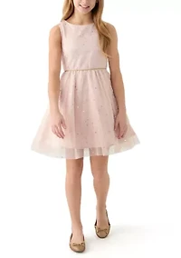Girls 7-16 Foil Stars Mesh Dress with Fur Jacket