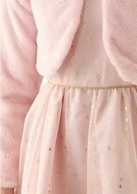 Girls 7-16 Foil Stars Mesh Dress with Fur Jacket