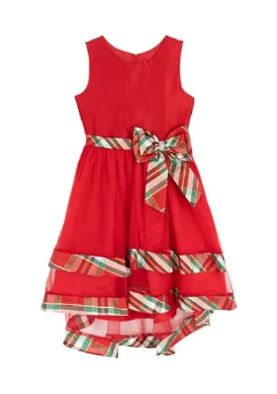 Girls 7-16 Sleeveless Mesh Hi Low Dress with Plaid Trim