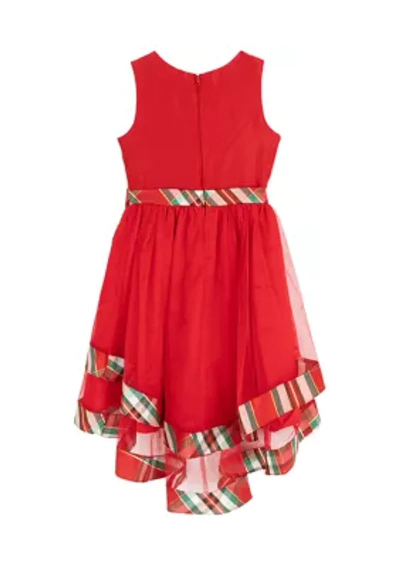 Girls 7-16 Sleeveless Mesh Hi Low Dress with Plaid Trim