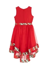 Girls 7-16 Sleeveless Mesh Hi Low Dress with Plaid Trim