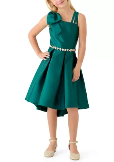 Girls 7-16 Green Mikado Asymmetrical Bow Shoulder Dress