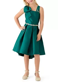 Girls 7-16 Green Mikado Asymmetrical Bow Shoulder Dress