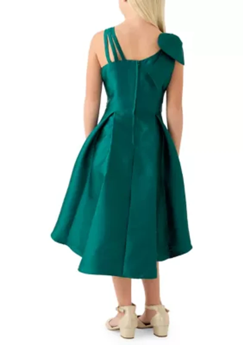 Girls 7-16 Green Mikado Asymmetrical Bow Shoulder Dress