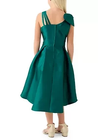 Girls 7-16 Green Mikado Asymmetrical Bow Shoulder Dress