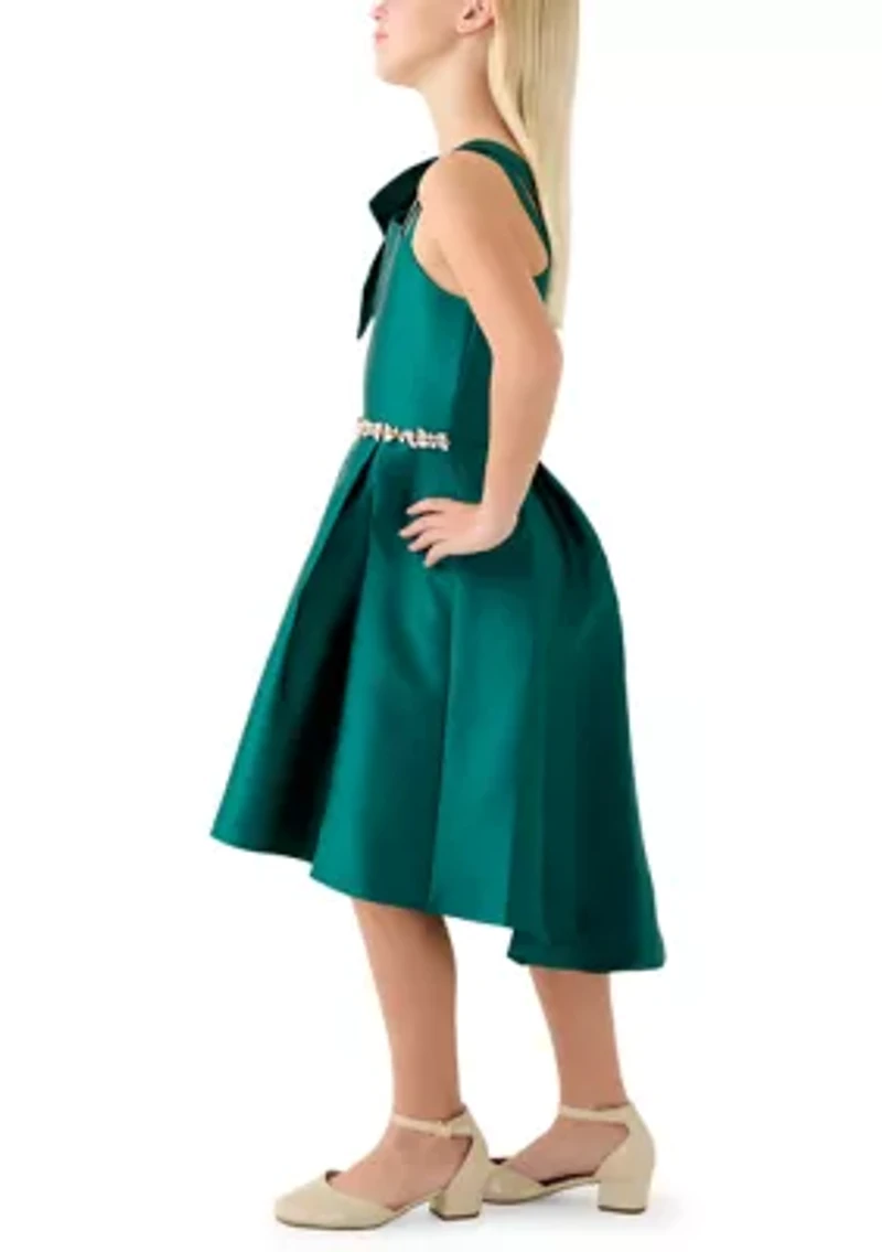 Girls 7-16 Green Mikado Asymmetrical Bow Shoulder Dress