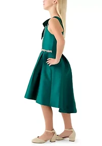 Girls 7-16 Green Mikado Asymmetrical Bow Shoulder Dress