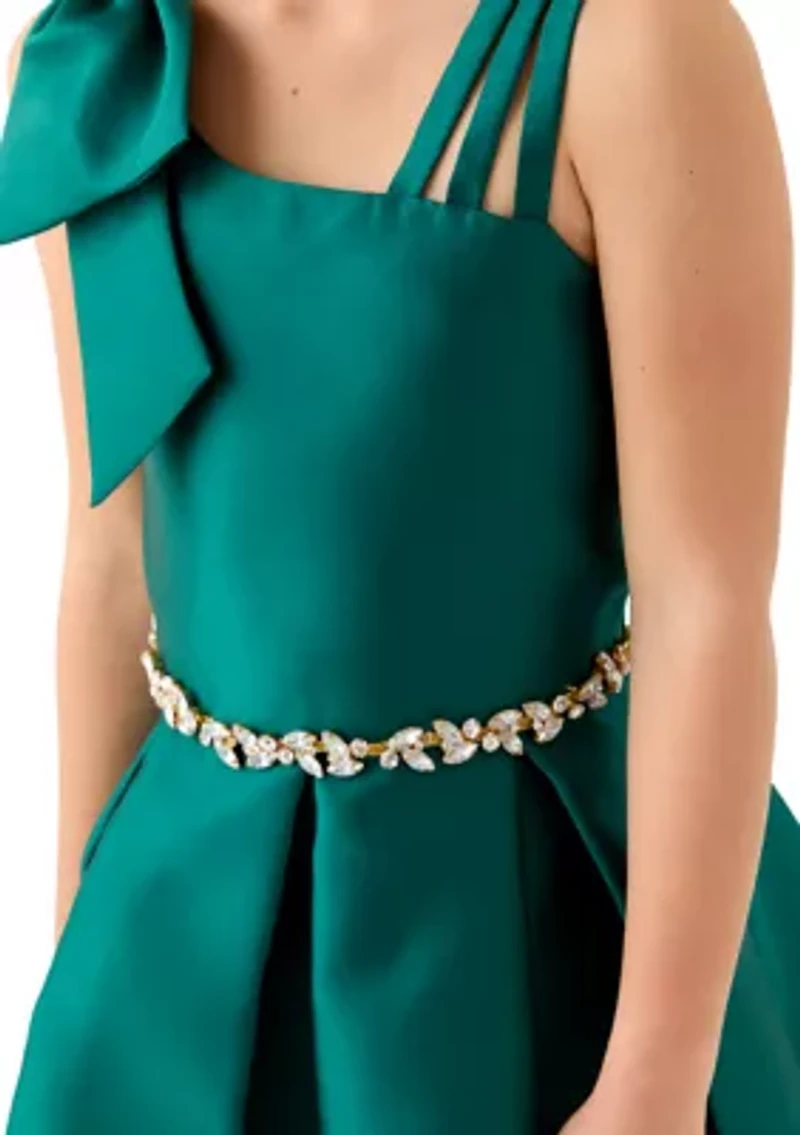 Girls 7-16 Green Mikado Asymmetrical Bow Shoulder Dress