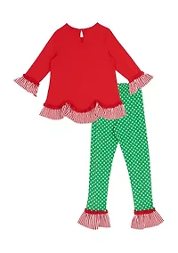 Girls 7-16 Tree Graphic Bell Sleeve Top and Dot Legging Set