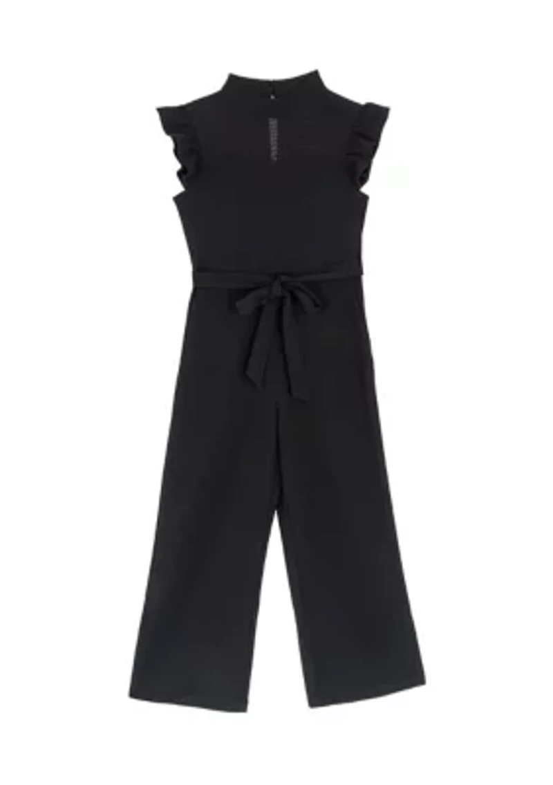 Girls 7-16 Sleeveless Ruffle Shoulder Scuba Crepe Jumpsuit