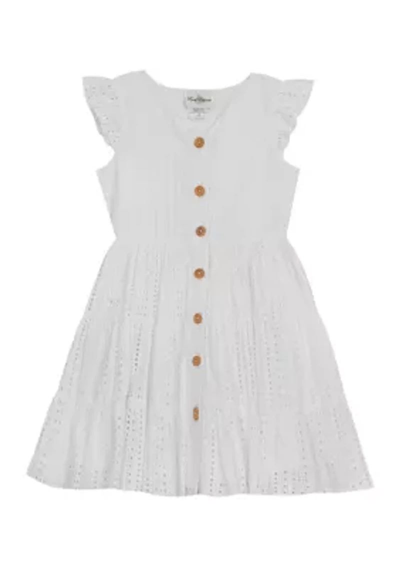 Girls 4-6x Eyelet Button Down Dress with Flutter Sleeves