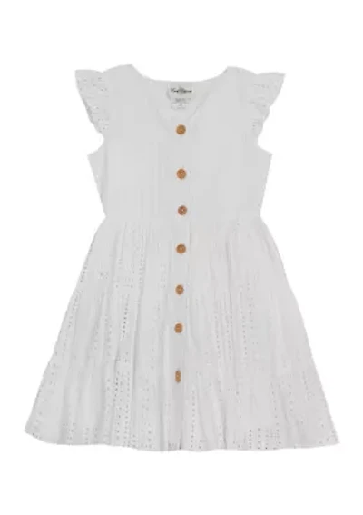 Girls 4-6x Eyelet Button Down Dress with Flutter Sleeves