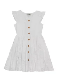 Girls 4-6x Eyelet Button Down Dress with Flutter Sleeves