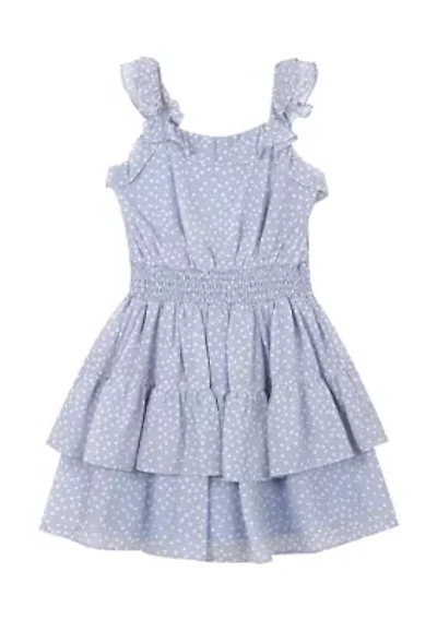 Girls 4-6x Dot Printed Chiffon Ruffle Sleeve Dress with Smocked Waist