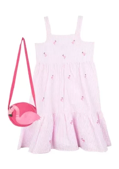Girls 4-6x Flamingo Appliqué Seersucker Maxi Dress with Bag
