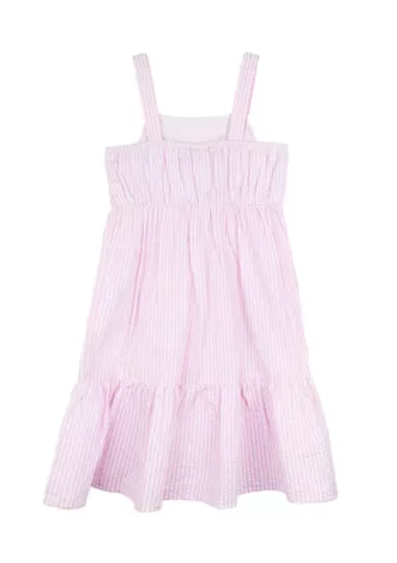 Girls 4-6x Flamingo Appliqué Seersucker Maxi Dress with Bag