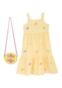Girls 4-6x Yellow Fruit Tiered Seersucker Dress and Purse Set