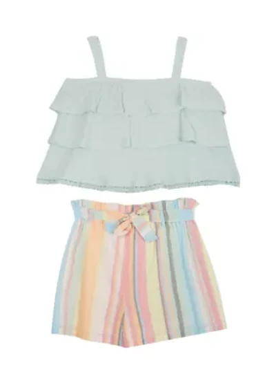 Girls 7-16 Gauze Ruffled Top and Striped Shorts Set