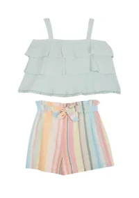 Girls 7-16 Gauze Ruffled Top and Striped Shorts Set
