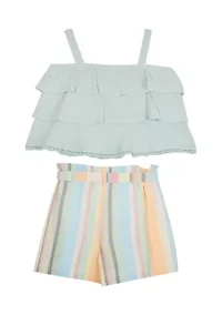 Girls 7-16 Gauze Ruffled Top and Striped Shorts Set