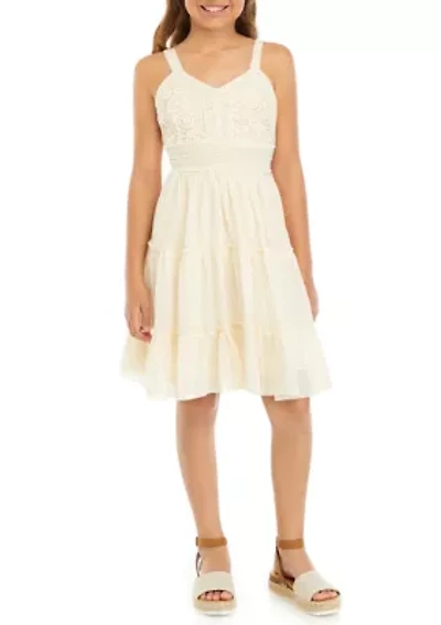 Girls 7-16 Sleeveless Crochet Front Gauze Dress