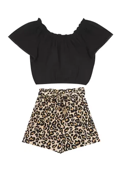 Girls 4-6x Knit Top to Cheetah Printed Paper Bag Shorts Set