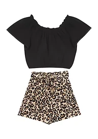 Girls 4-6x Knit Top to Cheetah Printed Paper Bag Shorts Set