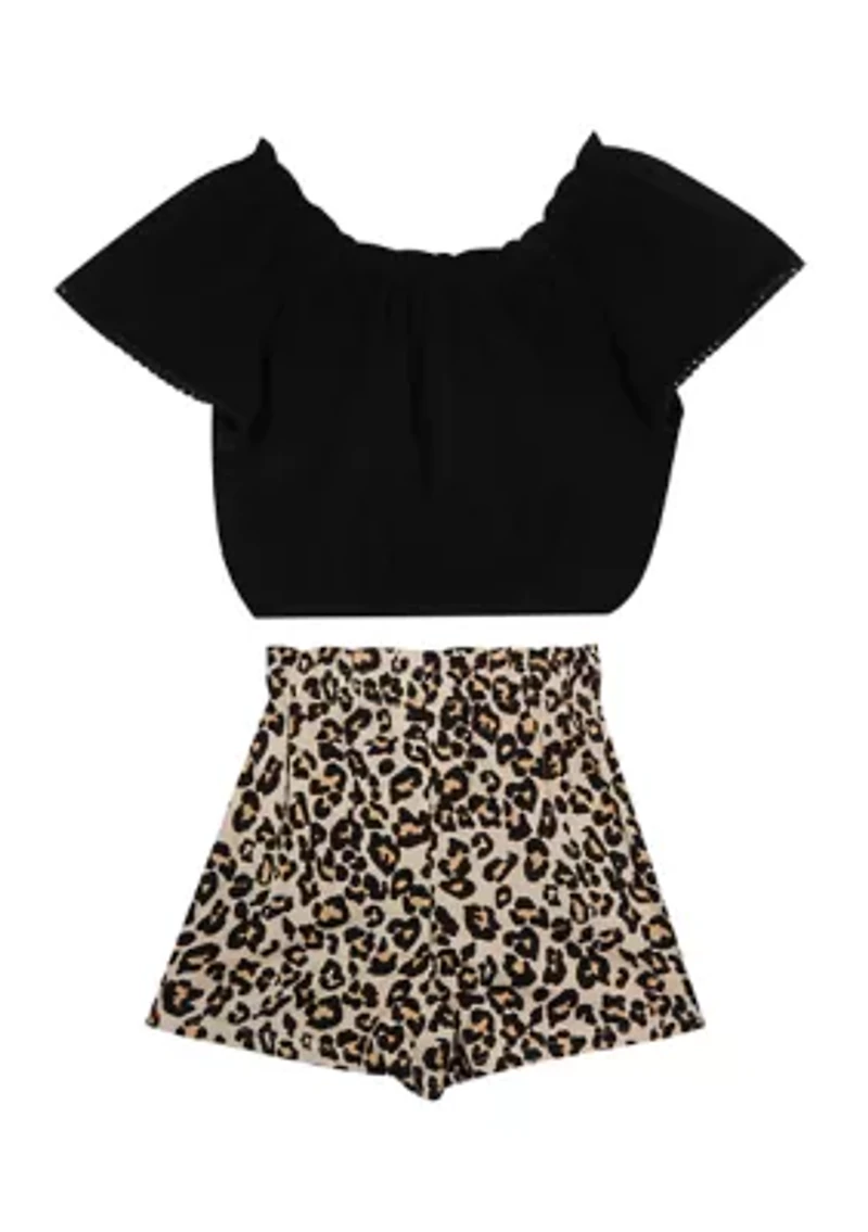 Girls 4-6x Knit Top to Cheetah Printed Paper Bag Shorts Set