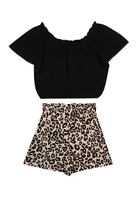 Girls 4-6x Knit Top to Cheetah Printed Paper Bag Shorts Set