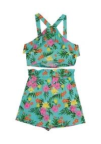 Girls 7-16 Tropical Print Tie Front Top and Shorts Set