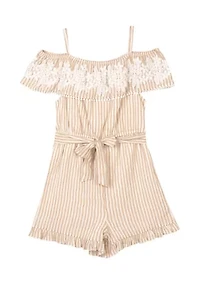 Girls 7-16 Striped Woven Embellished Romper with Self Tie