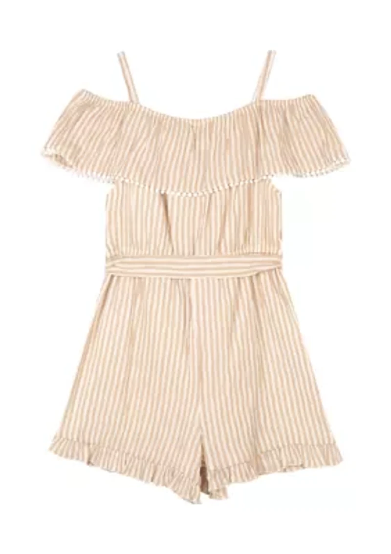 Girls 7-16 Striped Woven Embellished Romper with Self Tie
