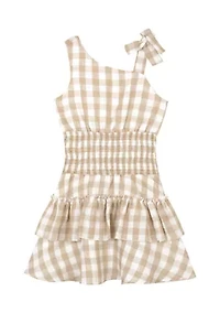 Girls 7-16 Gingham Asymmetrical Bodice Dress with Smocked Waist and Tiered Skirt