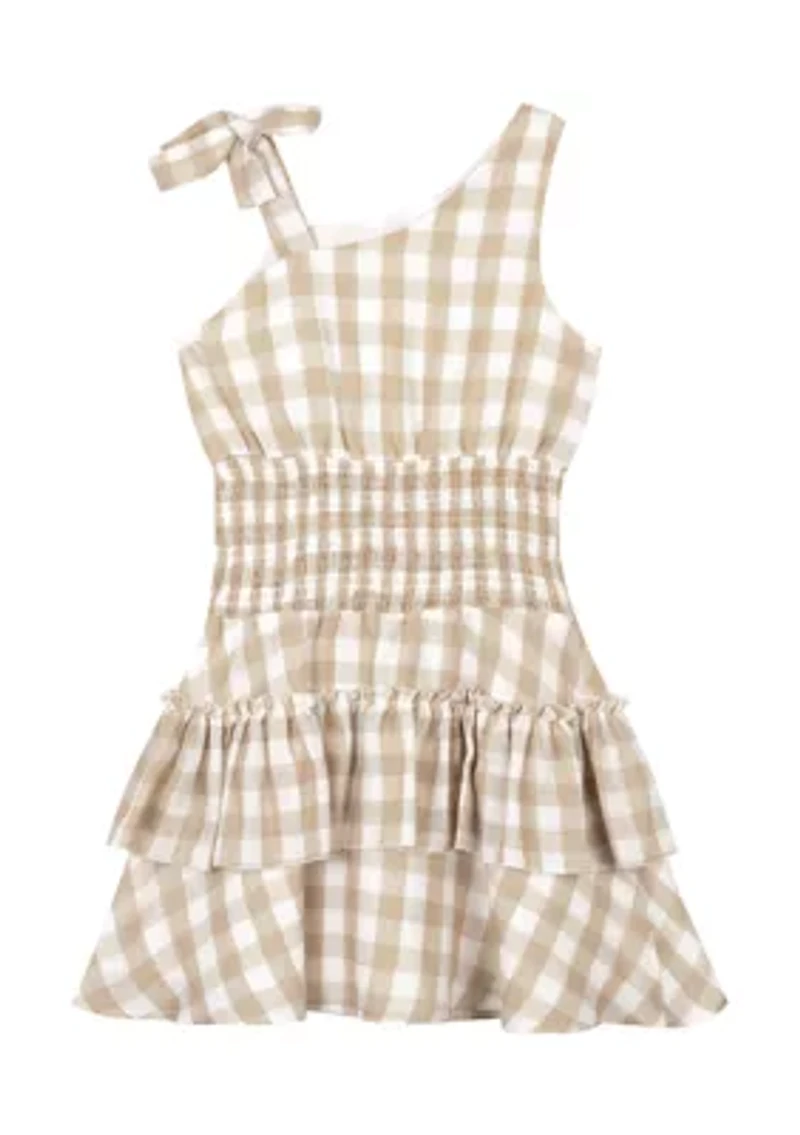 Girls 7-16 Gingham Asymmetrical Bodice Dress with Smocked Waist and Tiered Skirt