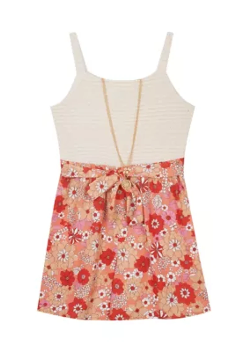 Girls 7-16 Crochet Bodice to Floral Printed Shorts Romper